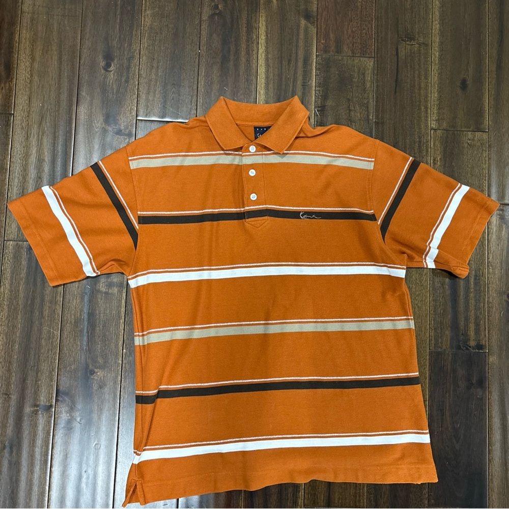 Vintage Karl Kani Gold Orange Striped Polo Shirt L